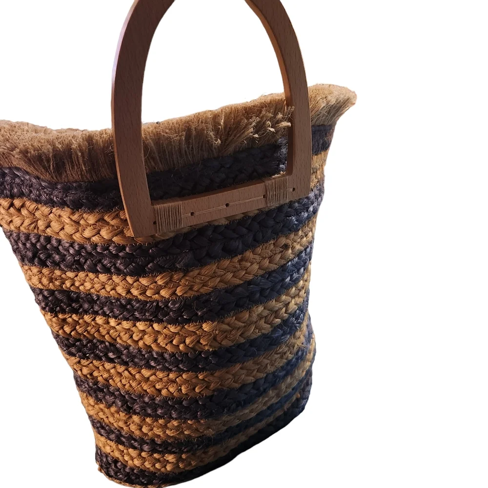 THE AMELIA JUTE BAG - BLUE STRIPE- BEACH BAG - Picture 5 of 8